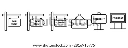For rent sign icon set for real estate property leasing marketing, home apartment rental wooden board billboard outline vector illustration.