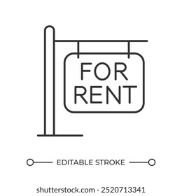 For rent sign linear icon. Property leasing. Real estate market. Find accomodation. Housing concept. Thin line illustration. Contour symbol. Vector outline drawing. Editable stroke