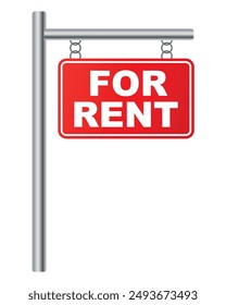 For Rent Sign Red banner with metal steel pole. Realistic design for your Real Estate Business Website or your Company to sell House and Cars , Vector isolated on white Background