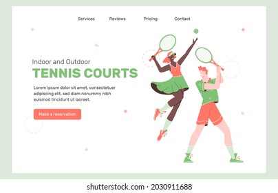 Rent of tennis courts. Two players with rackets. Colorful vector characters. Active man and woman. Sports concept illustration on the landing page.