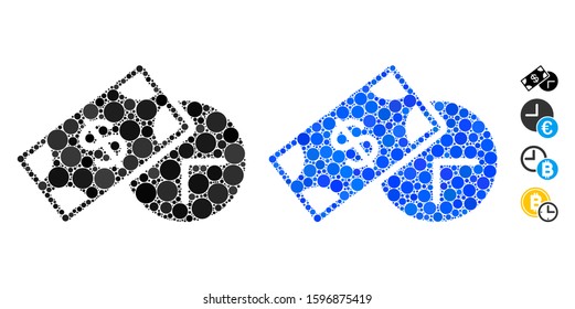 Rent time mosaic of round dots in variable sizes and shades, based on rent time icon. Vector round dots are grouped into blue composition. Dotted rent time icon in usual and blue versions.