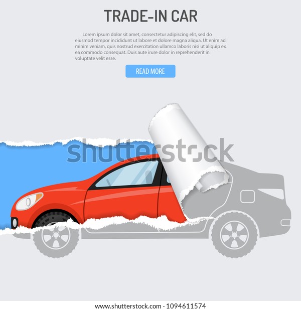 Rent, Trade-In and\
Buying Car Banner with New Car from hole in torn paper. Flat style\
vector illustration