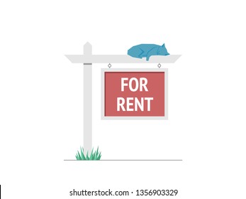 For rent wooden placard nameplate with blue cat. Real estate sign. Buy or sale house. Vector illustration in flat style