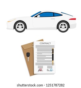 Rental agreement for a car with contract, pen and keys. Vector illustration