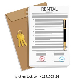 Rental agreement concept. Rental agreement, keys and pen. Vector illustration