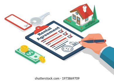 Rental agreement. Real estate contract. Human signs a document. Rental and selling real estate. Vector illustration isometric design. Isolated on background. Private house, stack of money and keys.