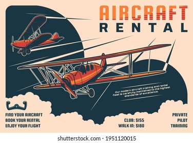 Rental aircraft tours, private pilot school retro poster. Historical propeller airplanes, flying in clouds vintage biplanes engraved vector. Aviation club, flying instructor classes promotion banner