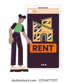 Concepto de ilustración lineal 2D de aplicación de alquiler. Mujer afroamericana alquilando un apartamento en línea personaje de caricatura aislado en blanco. Esbozo de pantalla plana abstracto de metáfora de smartphone de caza de casas