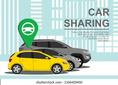 Rental auto service. Renting and carpooling. Automobile concept on city background. Car sharing banner. Vector Illustration 10 eps