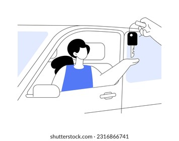 Rental car pick up point abstract concept vector illustration. Smiling woman getting the keys from rental car, commercial city transport, urban vehicle carsharing service abstract metaphor.