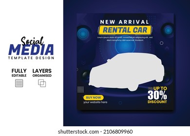 Rental car sale promotional poster and banner design template. Vehicle and transportation technology marketing flyer for Instagram and Facebook.  