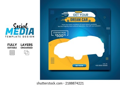 Rental Car sale and promotional social media post ad banner template design. Gadget and vehicle product advertising feed with super collection.