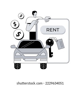 Rental car service abstract concept vector illustration. Online car booking, free mileage, full insurance, summer vacation, remote reservation, local dealer, key lock, driving abstract metaphor.