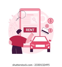 Rental car service abstract concept vector illustration. Online car booking, free mileage, full insurance, summer vacation, remote reservation, local dealer, key lock, driving abstract metaphor.