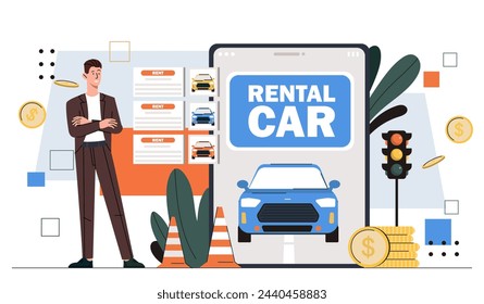 Rental car service concept. Man near smartphone with blue automobile. Mobile application for automobile rent. Deals with transport. Cartoon flat vector illustration isolated on white background