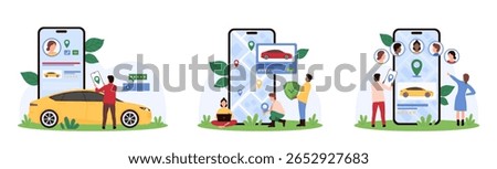 Rental and carsharing service set. Tiny passengers hire taxi cab for city travel, people pin location on smartphone screen map and share automobile parking in mobile app cartoon vector illustration