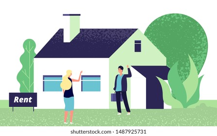 Rental concept. Young woman and real estate agent. Girl rents house vector illustration
