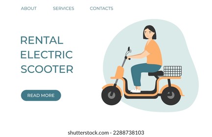 Rental electric scooter landing page. Young woman riding bike scooter. Flat cartoon style. Vector illustration