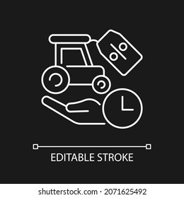 Rental equipment discounts white linear icon for dark theme. Small business. Startups support. Thin line customizable illustration. Isolated vector contour symbol for night mode. Editable stroke