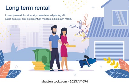 Rental Home for Young Family Trendy Flat Vector Advertising Banner, Promo Poster Template. Happy Couple with Dog, Wife and Husband Searching, Choosing Cottage house for Long- Term Rent Illustration