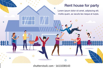 Rental House For Party Trendy Flat Vector Advertising Banner, Promo Poster Template. Happy People, Group Of Friends Cooking Barbeque On House Backyard, Celebrating Birthday Or Holiday Illustration