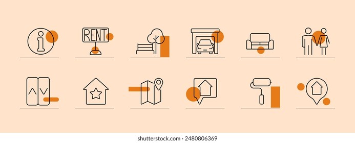 Rental icon set. Information, map, location, property, park, garage, furniture, rent sign, apartment, painting, couple. Real estate, leasing, housing concept.