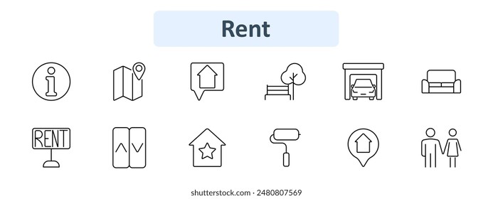 Rental icon set. Information, map, location, property, park, garage, furniture, rent sign, apartment, painting, couple. Real estate, leasing, housing concept.