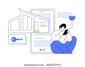 Rental mobile app isolated cartoon vector illustrations. Young man with smartphone using rental app and saving favorite items, small business, real estate search software vector cartoon.