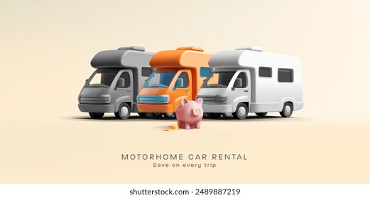 Vermietung von Mobilheimen, Wohnmobile, Sparschwein 3D. Für Vertriebs-, Miet- und Reisesparkonzepte. Banner für Webdesign. Vektorillustration.