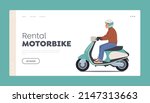 Rental Motorbike Landing Page Template. Male Character Wear Helmet Riding Motorcycle or Scooter. Man Driving Bike, Modern City Transport, Rider Motorcyclist Courier. Cartoon People Vector Illustration