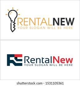 Rental new logo with lamp key and initial RE vector suitable for internet technology business software