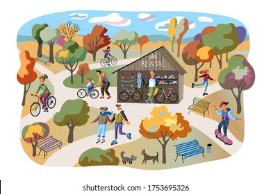 Rental park flat vector illustration. People riding bicycle, roller skaters, skateboard cartoon characters. Active rest isolated on white background. Autumn parkland with benches design element