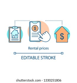 Rental prices concept icon. Real estate agency fees. House for sale. Contract, phone screen, hand, house. Property leasing idea thin line illustration. Vector isolated outline drawing. Editable stroke
