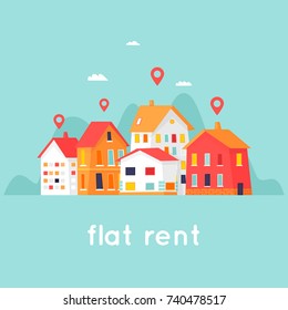 Rental Of Property. Cityscape. Flat Design Vector Illustration.