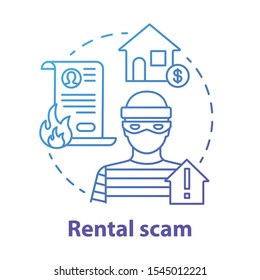 Rental scam concept icon. Housing fraud. Fake house for rent. Leasing swindle. Home buying, mortgage criminal scheme idea thin line illustration. Vector isolated outline drawing