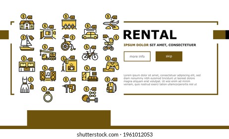 Rental Service Business Landing Web Page Header Banner Template Vector. House And Apartment, Car And Airplane, Boat And Crane Truck, Bicycle And Wheel Chair Rental Illustration