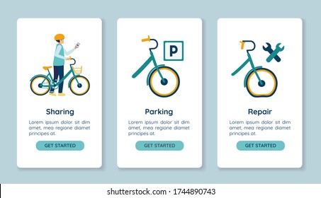 Rental services, repair of urban tourist bikes. Parking and charging spots, bicycle sales. Step screens instructions. Renting public eco transport. Mobile application screens. UX, UI vector