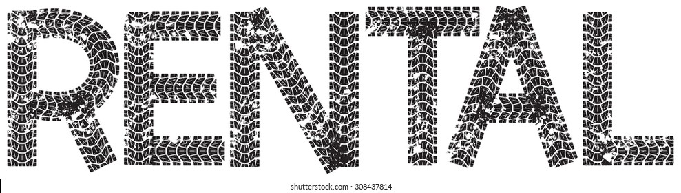 Rental text with the letters made from motorcycle tire tracks, isolated on white