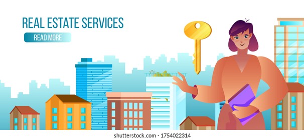 Rental vector illustration in flat style with cute female broker, office buildings, cityscape, key. Real estate service banner with beautiful woman offering best houses for rent and sale.