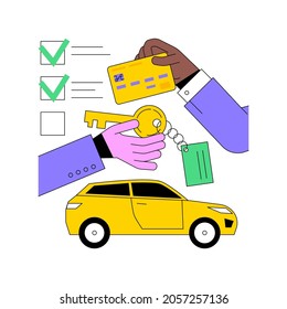 Rental Vehicle Abstract Concept Vector Illustration. Car Rental Sales, Holding Keys, Best Price, Parking Of Dealership, Showing Vehicle, Making Deal, Transportation Agreement Abstract Metaphor.