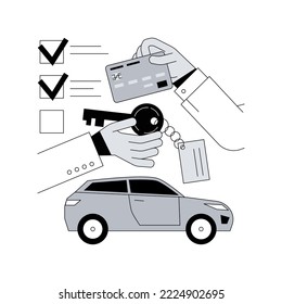 Rental Vehicle Abstract Concept Vector Illustration. Car Rental Sales, Holding Keys, Best Price, Parking Of Dealership, Showing Vehicle, Making Deal, Transportation Agreement Abstract Metaphor.