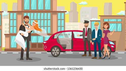 Rental Wedding Car for Newlyweds Illustration. Flat, Vector, Guests, Chauffeur Cartoon Characters. Happy Groom Holding Bride on Hands. Just Married Couple Going on Honeymoon.Transport Services