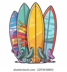 Alquiler y entrenamiento para el surf. Surf recreativo. Ilustración vectorial de dibujos animados. etiqueta, pegatina, impresión de camisetas