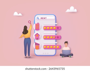 Renting Apartment with Online Service. Apartment for Rent Online. Concept of Rent Real Estate. 3D Web Vector Illustrations.