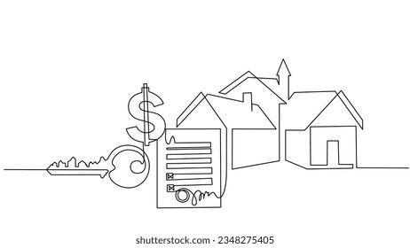 Renting or buying house real estate process: contract, money, key, home. Continuous one line drawing. Vector illustration