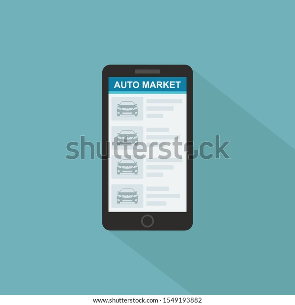 Renting, buying a new or used car. Car rental\
booking reservation on mobile smartphone. Used cars app. Vector\
illustration\
background.