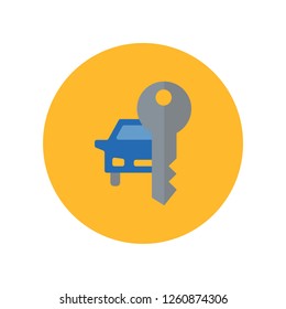 Renting car flat icon isolated on yellow background. Simple sign symbol in flat style. Key with car Vector illustration for web and mobile design. 