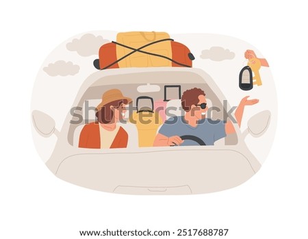 Renting a car isolated cartoon vector illustrations. Young couple giving a car for rent during travelling time, people lifestyle, get ready for vacation, new vehicle vector cartoon.