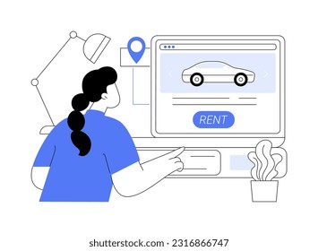 Ilustración vectorial de concepto abstracto de alquiler de coches en línea. Mujer haciendo reserva de auto en línea usando laptop, alquilar un transporte comercial de la ciudad, servicio de transporte de vehículos urbanos metáfora abstracta.