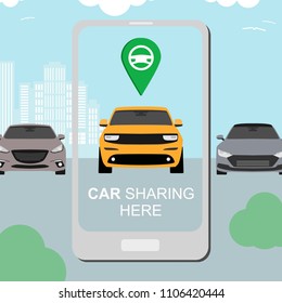 Renting and carpooling banner on city background. Rental auto service. Carsharing concept with smartphone and car sharing app. Automobile banner. Vector Illustration 10 eps
